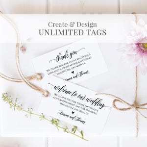 May include: Two white wedding favor tags with black text. The top tag says "thank you" and the bottom tag says "welcome to our wedding". Both tags have the names "Arianna and Thomas" written on them.
