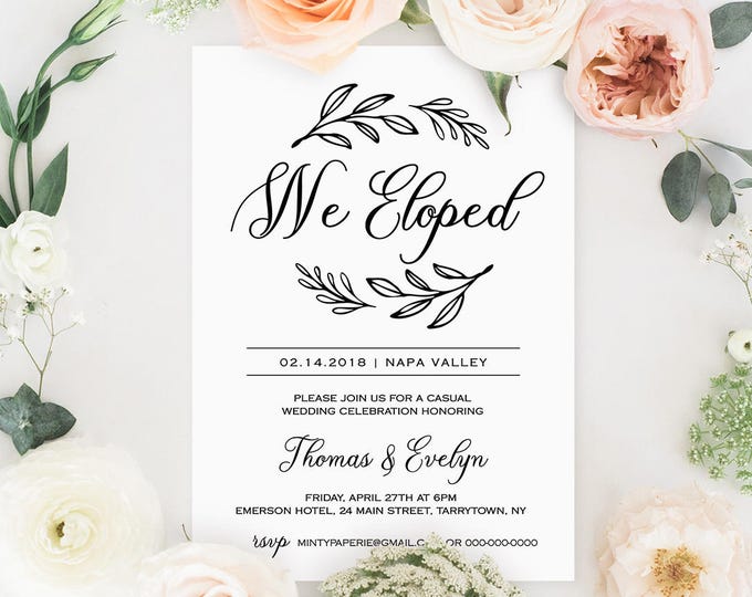We Eloped Invitation Template, Printable Elopement Announcement, Rustic Wedding Reception Party, Instant Download, Fully Editable #027-107EL