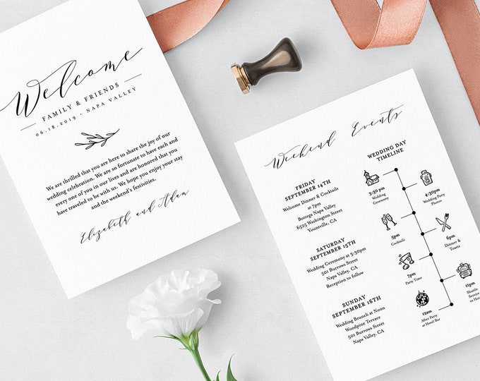 Wedding Itinerary, Welcome Letter Template, Printable Welcome Bag Note, Order of Events, Agenda, Icon Timeline, 100% Editable #037-110WB