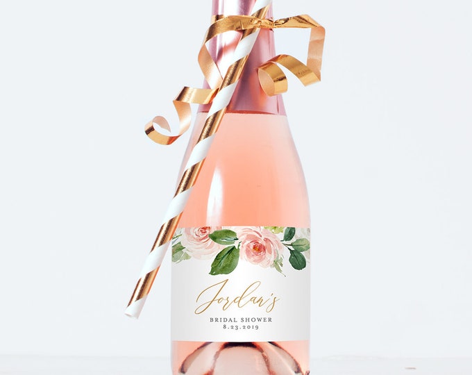 Mini Champagne Bottle Template, Wine Label, Wedding / Bridal Shower Favor Sticker, Instant Download, 100% Editable, Blush Florals #043-103ML