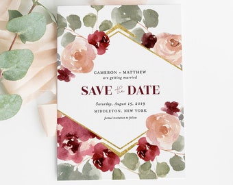 Boho Save the Date Template, INSTANT DOWNLOAD, 100% Editable Text, Printable Burgundy Floral Wedding Date Card, DIY, Templett #065-137SD