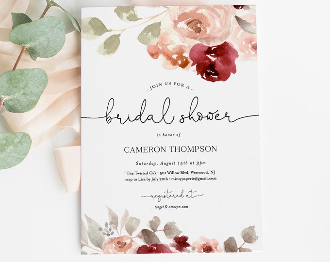 Editable Bridal Shower Invitation Template, Watercolor Boho Burgundy & Blush Florals, Greenery, INSTANT DOWNLOAD, Editable Text #065-176BS