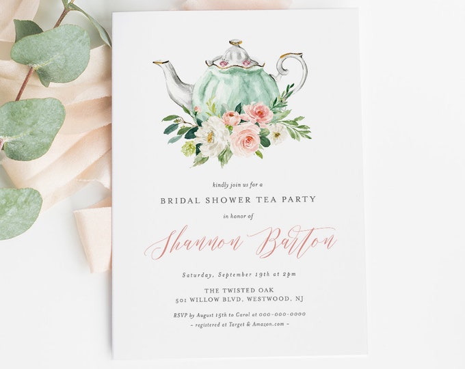 Bridal Shower Tea Party Invitation Template, Printable Bridal Tea Shower Invite, Bridal Brunch, Editable Text, INSTANT DOWNLOAD #085A-184BS