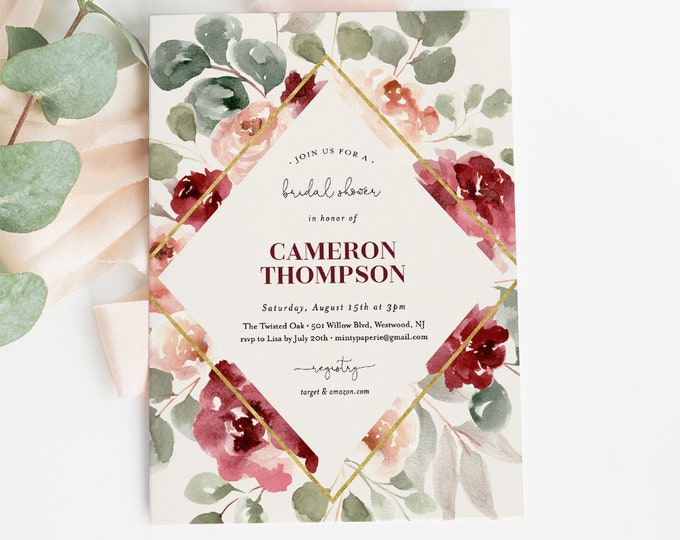 Boho Bridal Shower Invitation Template, Watercolor Burgundy Rose Florals & Greenery, INSTANT DOWNLOAD, 100% Editable Text, DIY #065-175BS