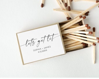 Matchbox Label, Let's Get Lit, Customized Wedding Favor Matches, Minimalist Sticker, Editable Template, Instant Download #0034W-101MBL