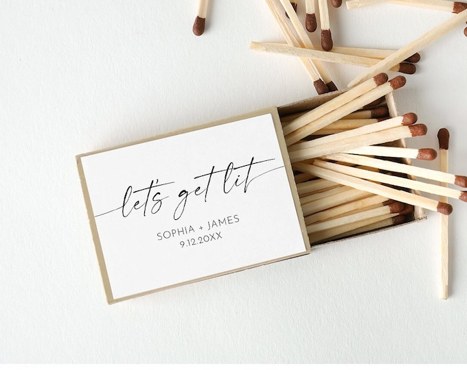 Matchbox Label, Let's Get Lit, Customized Wedding Favor Matches, Minimalist Sticker, Editable Template, Instant Download #0034W-101MBL