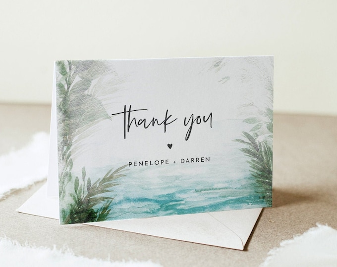 Beach Thank You Card, Destination Wedding, Tropical Bridal Shower, Editable Template, Instant Download, Flat & Tent, Templett #099-179TYC