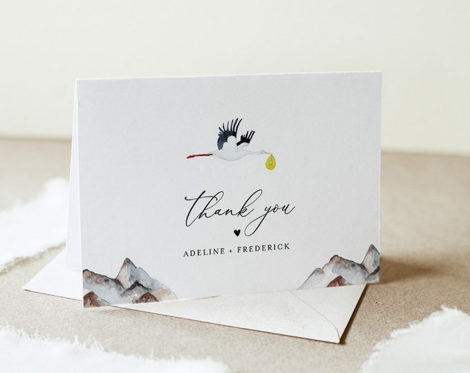 Stork Thank You Card Template, Baby Shower Thank You, Editable, Flat & Folded Note Card, Printable, Instant Download, Templett 3.5x5 #164TYC