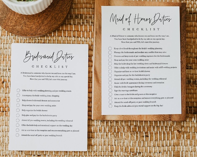 Bridesmaid Duties Checklist, Maid of Honor Duties, Minimalist Bridal Party Info Card, Editable Text, Instant Download, Templett #0009-102BDC