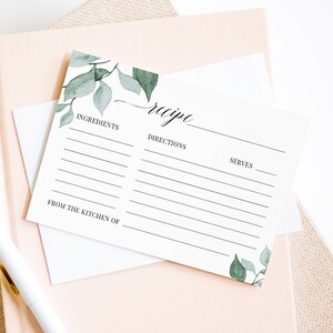 Recipe Card Printable, INSTANT DOWNLOAD, Greenery Wedding Recipe Card, DIY Bridal Shower Recipe, Watercolor Leaves, 3.5&quot;x5&quot;  #019-102RC
