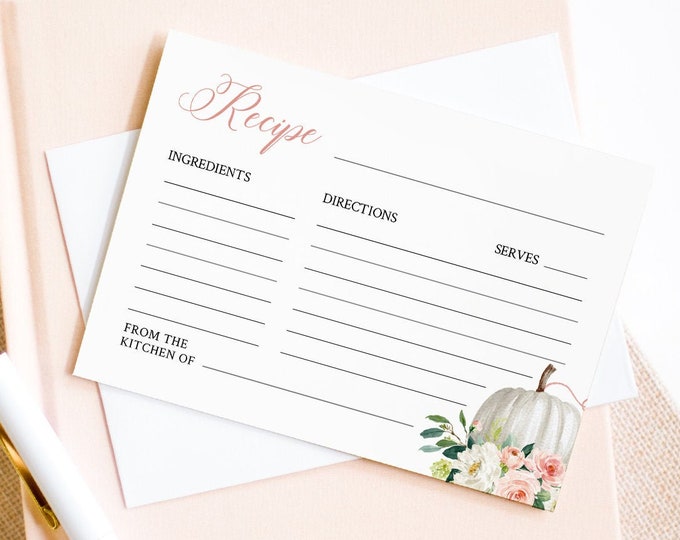 Pumpkin Recipe Card Printable, Fall Bridal Shower Recipe Insert, Instant Download, Editable Template, Templett, 5"x3.5" #072B-118RC