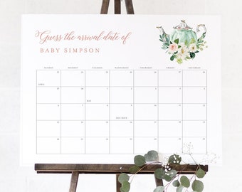 Due Date Sign, Tea Party Baby Shower, Guess the Birthday Game, Baby Calendar, Printable, Editable Template, Templett, 3 Sizes #085-109GDD