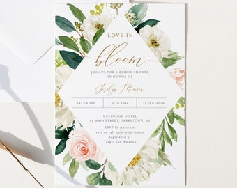 Bridal Shower Invitation, Love in Bloom, Spring / Summer Shower, Blush Florals, 100% Editable Text, Instant, Templett, 5x7 #043-314BS