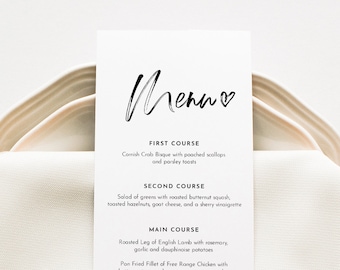 Modern Wedding Menu Printable, INSTANT DOWNLOAD, Minimalist Dinner Menu Card Template, 100% Editable, DIY, Templett #090-161WM