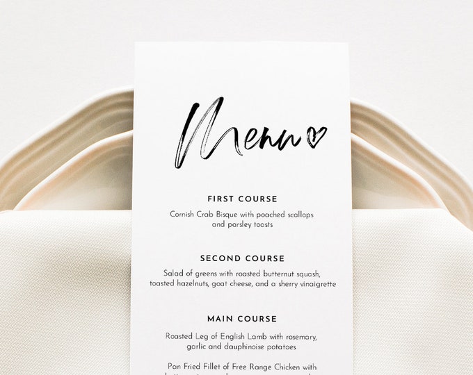 Modern Wedding Menu Printable, INSTANT DOWNLOAD, Minimalist Dinner Menu Card Template, 100% Editable, DIY, Templett #090-161WM