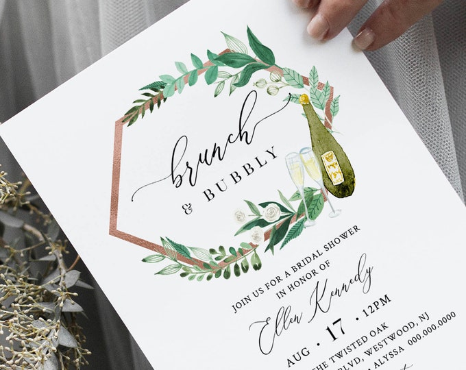 Brunch and Bubbly Bridal Shower Invitation, Champagne Bridal Shower Invite Template, Editable Text, Instant Download, Templett #080A-245BS