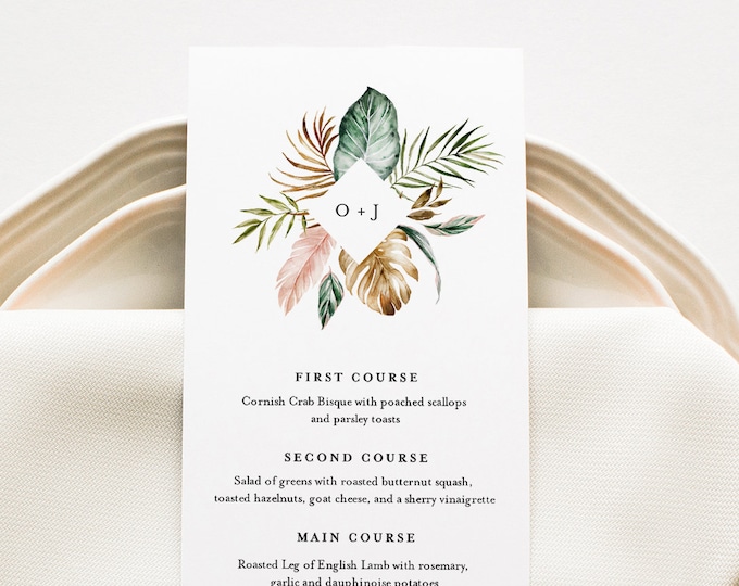 Tropical Wedding Menu Template, INSTANT DOWNLOAD, Printable Dinner Menu Card, 100% Editable Text, Monogram Wedding, Templett #087-156WM