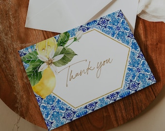 Lemon Thank You Card, Mediterranean Wedding / Bridal Shower Note, Citrus, Editable Template, Folded & Flat, Templett, 3.5x5 #0027-191TYC