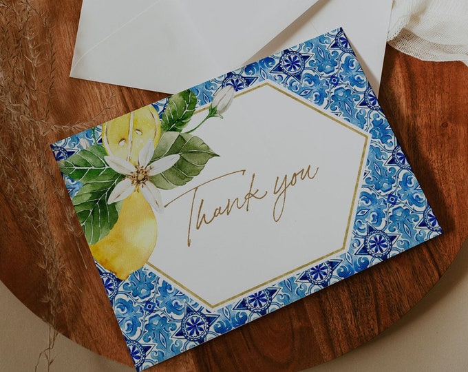 Lemon Thank You Card, Mediterranean Wedding / Bridal Shower Note, Citrus, Editable Template, Folded & Flat, Templett, 3.5x5 #0027-191TYC