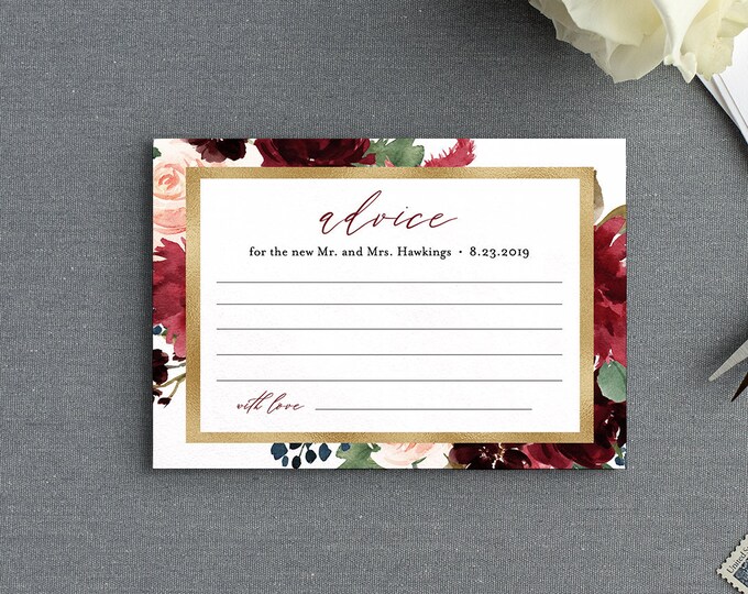 Advice Card Template, Wedding or Bridal Shower Well Wishes for Bride and Groom, Instant Download, 100% Editable Text, DIY #062-120EC