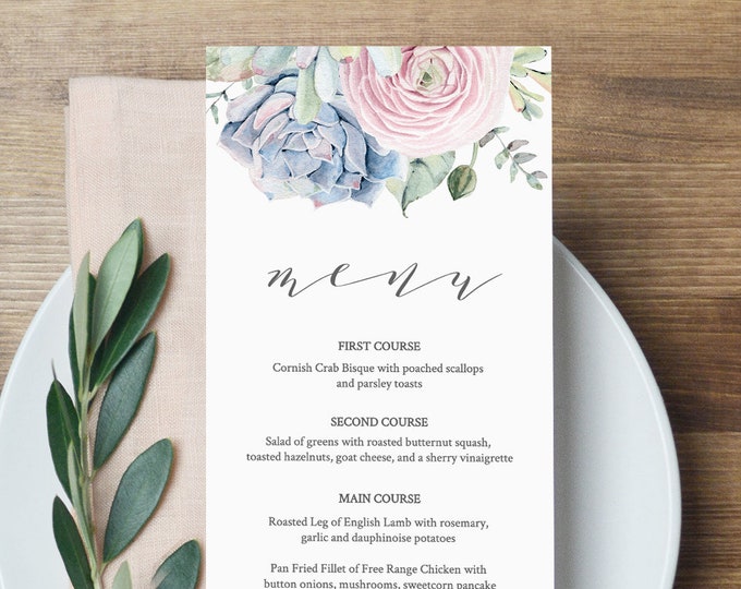 Wedding Menu Template, Succulent Dinner Menu Printable, INSTANT DOWNLOAD, 100% Editable, Boho, Watercolor, Templett #041-121WM