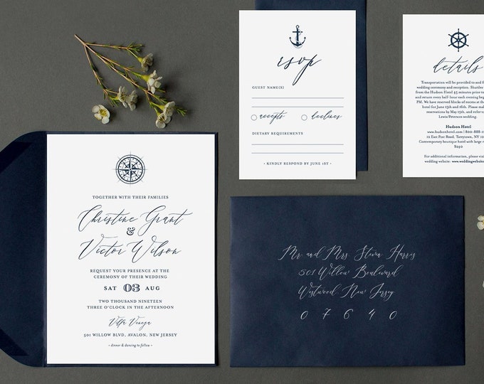 Nautical Wedding Invitation Template, Printable Destination Beach Wedding Invite Set, Compass, Anchor, 100% Editable, INSTANT DOWNLOAD #053B