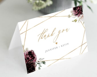 Thank You Note Card Template, Printable Vintage Moody Floral Wedding / Bridal Shower Folded Card, INSTANT DOWNLOAD, Editable #074-139TYC