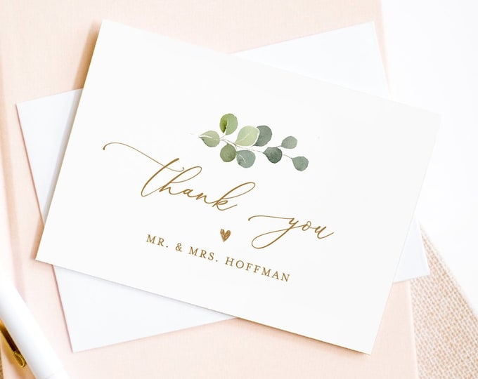 Greenery Thank You Note Card Template, Printable Wedding / Bridal Shower Folded Notecard, Editable Text, INSTANT DOWNLOAD #056-127TYC