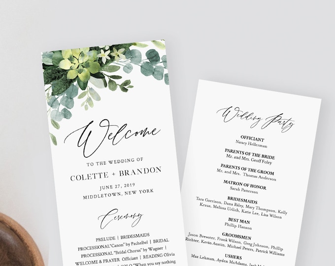 Greenery Wedding Program Template, Printable Order of Service, Ceremony Program, Instant Download, 100% Editable Text, Templett #082-220WP