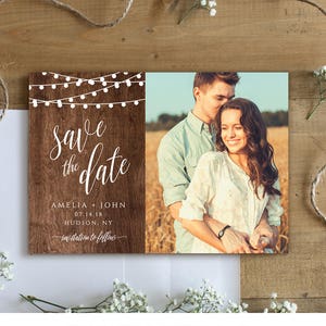 Rustic Save the Date Template, Printable Photo Card, 100% Editable, String Lights & Wood Background, Instant Download, Templett #014-205SD