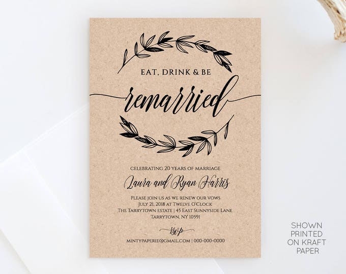 Vow Renewal Invitation Template, Eat Drink Be Married, Instant Download, DIY Rustic Wedding Anniversary, Renew Vow, 100% Editable #023-101VR