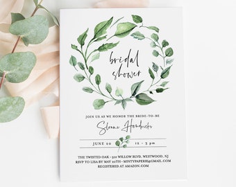 Greenery Bridal Shower Invitation Template, INSTANT DOWNLOAD, Printable Wreath Wedding Shower, 100% Editable Text, DIY Templett #059-158S