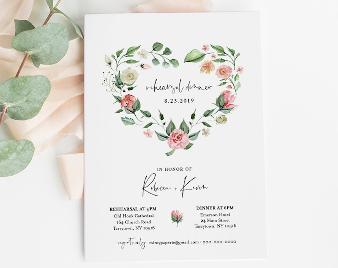 Romantic Rehearsal Dinner Template, Printable Floral Heart Wreath Invite, INSTANT DOWNLOAD, 100% Editable Text, DIY, Templett #058-132RD