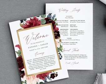 Wedding Program Template, Flat or Fan Program, Merlot & Navy Boho Florals, INSTANT DOWNLOAD, Printable Order of Service, Editable #062-416WP
