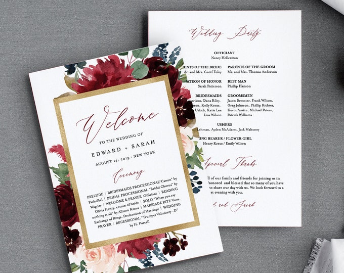 Wedding Program Template, Flat or Fan Program, Merlot & Navy Boho Florals, INSTANT DOWNLOAD, Printable Order of Service, Editable #062-416WP