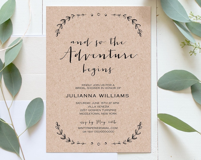 Printable Bridal Shower Invitation Template | Rustic Wedding Shower Invite | The Adventure Begins | Instant Download | Editable #031-129BS