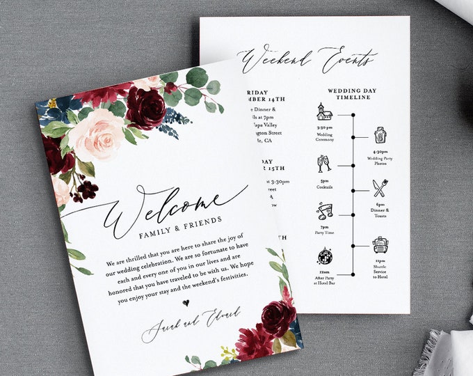 Wedding Timeline & Welcome Letter Template, Boho Merlot Florals Wedding Bag Order of Events, INSTANT DOWNLOAD, 100% Editable Text #062-117WB