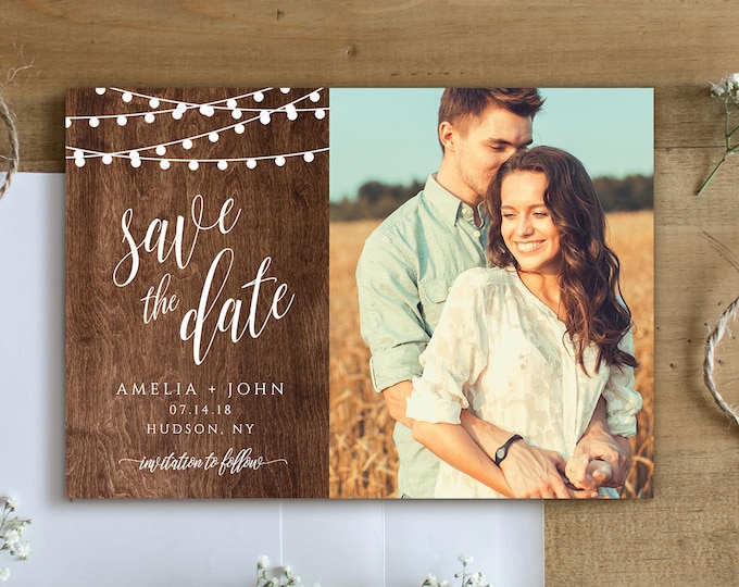 Rustic Save the Date Template, Printable Photo Card, 100% Editable, String Lights & Wood Background, Instant Download, Templett #014-205SD