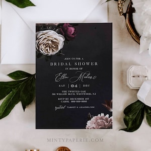 Bridal Shower Invitation Template, Romantic Moody Floral Wedding Shower Invite, Classic, 100% Editable Text, INSTANT DOWNLOAD #009-211BS