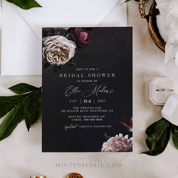 Bridal Shower Invitation Template, Romantic Moody Floral Wedding Shower Invite, Classic, 100% Editable Text, INSTANT DOWNLOAD #009-211BS