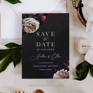 Save the Date Template, Moody Floral, Purple & Cream Floral Wedding Date Card, Instant Download, 100% Editable Text, Templett, DIY 009-143SD image 1