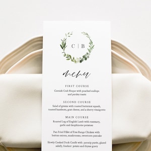 Modello di scheda del menu nel verde, menu della cena del monogramma della corona, carta del menu di nozze stampabile, 100% modificabile, download istantaneo, Templett #082-148WM