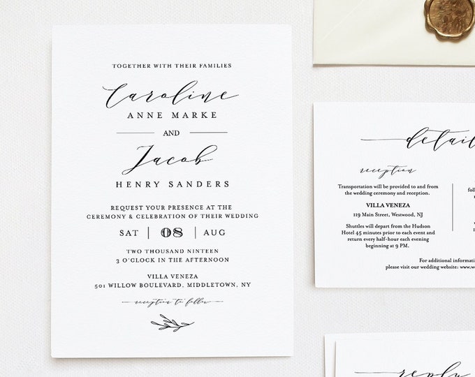 Editable Wedding Invitation Set Template, INSTANT DOWNLOAD, 100% Editable, Minimalist Invite, RSVP & Detail, Printable, Templett #037B