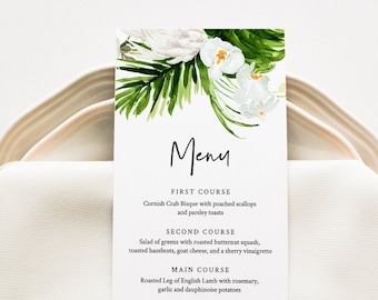 Tropical Menu Card Template, Dinner Menu for Wedding, Bridal Shower, Baby Shower, 100% Editable Text, Instant Download, Templett #079-149WM
