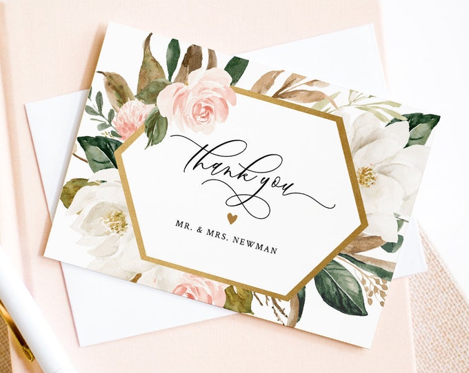 Thank You Note Card Template, Printable Magnolia & Greenery Wedding / Bridal Shower Folded Card, INSTANT DOWNLOAD, Editable #015-120TYC