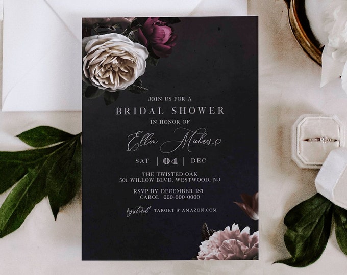 Bridal Shower Invitation Template, Romantic Moody Floral Wedding Shower Invite, Classic, 100% Editable Text, INSTANT DOWNLOAD #009-211BS