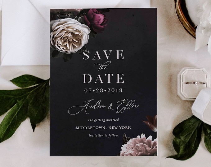 Save the Date Template, Moody Floral, Purple & Cream Floral Wedding Date Card, Instant Download, 100% Editable Text, Templett, DIY 009-143SD