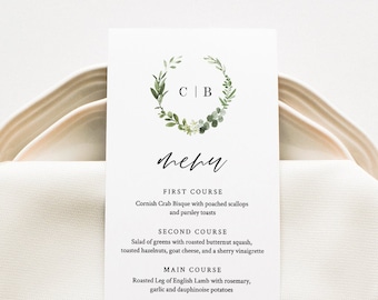 Greenery Menu Card Template, Wreath Monogram Dinner Menu, Wedding Menu Card Printable, 100% Editable, Instant Download, Templett #082-148WM