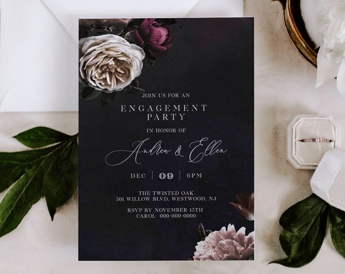 Engagement Party Invitation Template, 100% Editable Text, Moody Vintage Floral Engaged Announcement, Printable, INSTANT DOWNLOAD #009-125EP