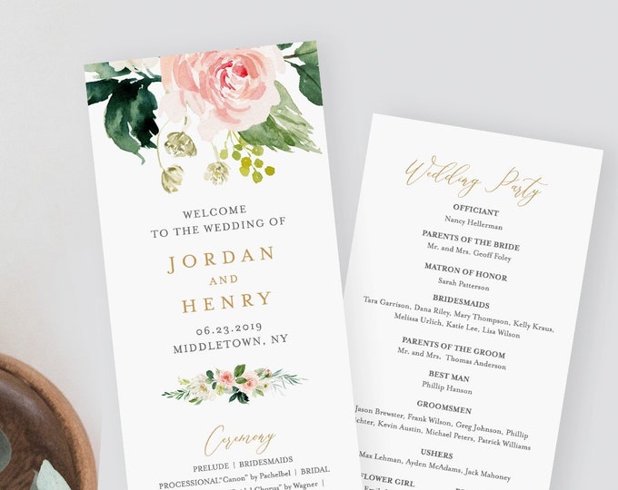 Floral Wedding Program Template, Printable Order of Service, Editable Text, DIY Boho Flat Program, Templett, INSTANT DOWNLOAD #043-222WP